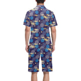 Blue japanese pattern cloud wave flower Men's V-Neck Short Pajama Set