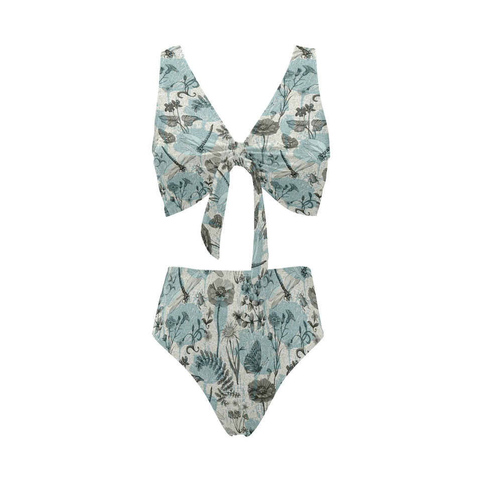 Dragonfly Butterfly Plants insect flower vintage s Chest Bowknot High Waisted Bikini Swimsuit