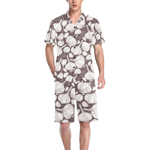 Garlic bulb dark background Men's V-Neck Short Pajama Set