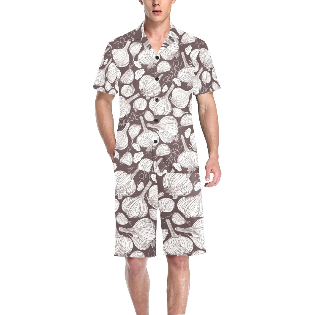 Garlic bulb dark background Men's V-Neck Short Pajama Set