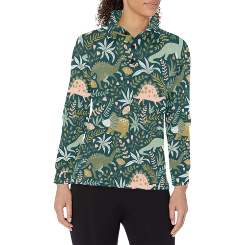 dinosaurs tropical leaves flower pattern Women's Long Sleeve Polo Shirt