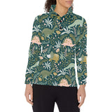 dinosaurs tropical leaves flower pattern Women's Long Sleeve Polo Shirt