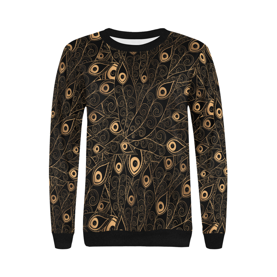 Gold peacock feather pattern Women's Crew Neck Sweatshirt