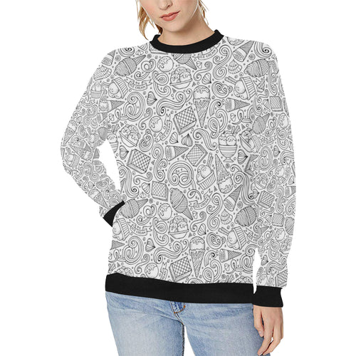 Cartoon hand drawn ice cream black white Women's Crew Neck Sweatshirt