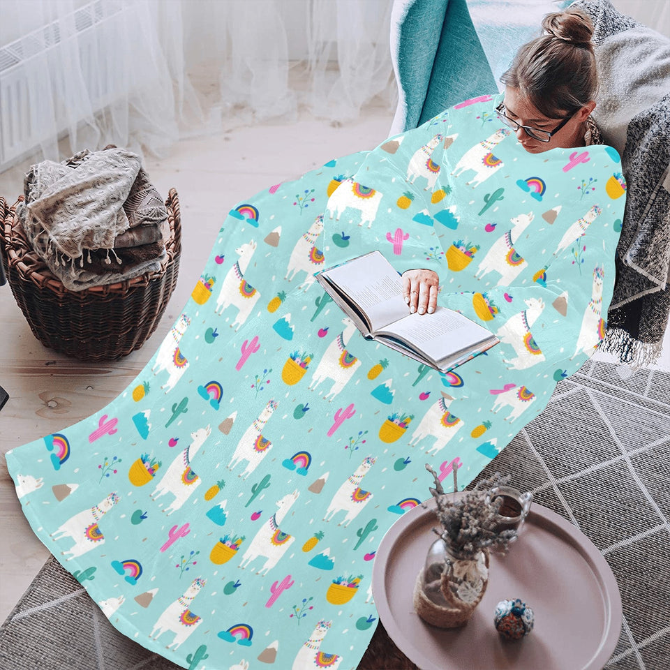 Llama alpaca cactus leaves pattern Blanket Robe with Sleeves
