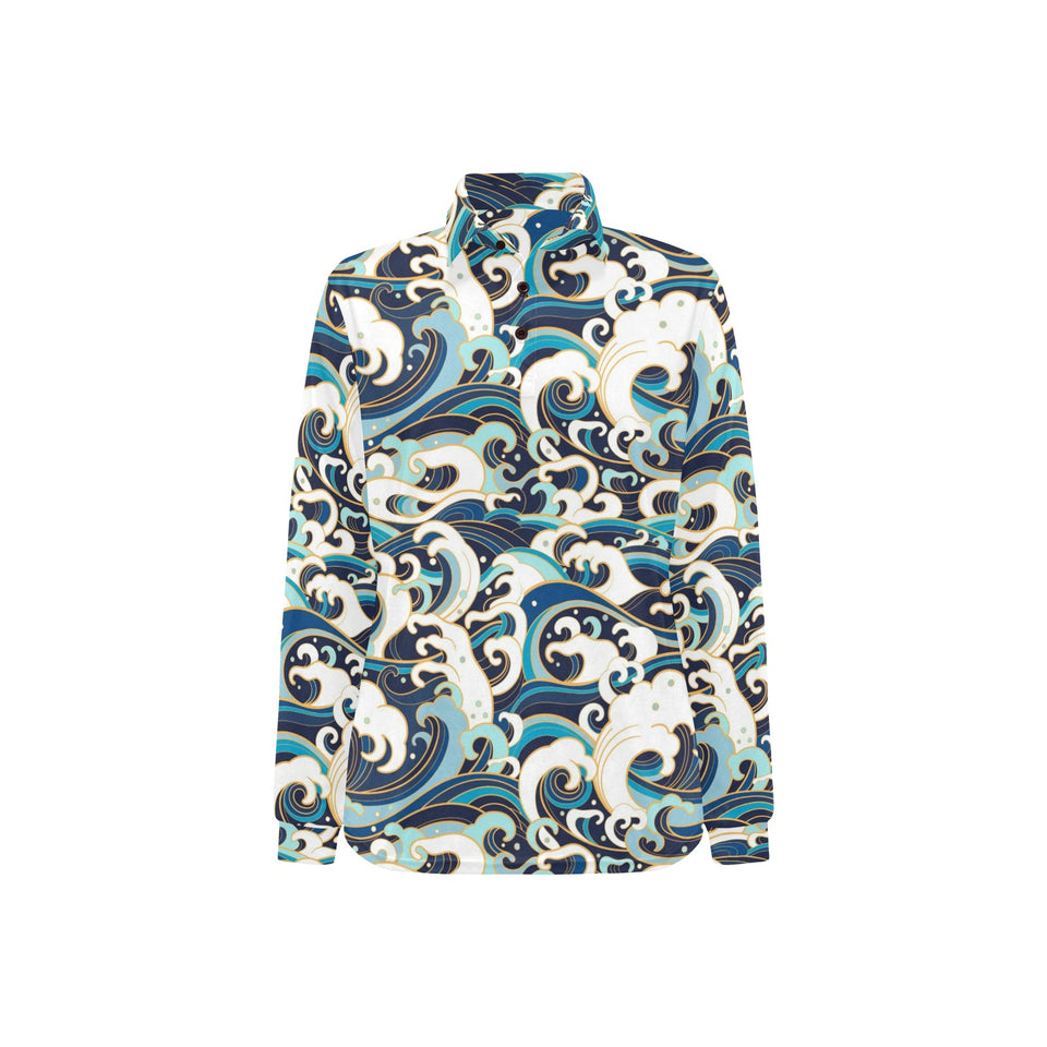 Japanese wave pattern Women's Long Sleeve Polo Shirt