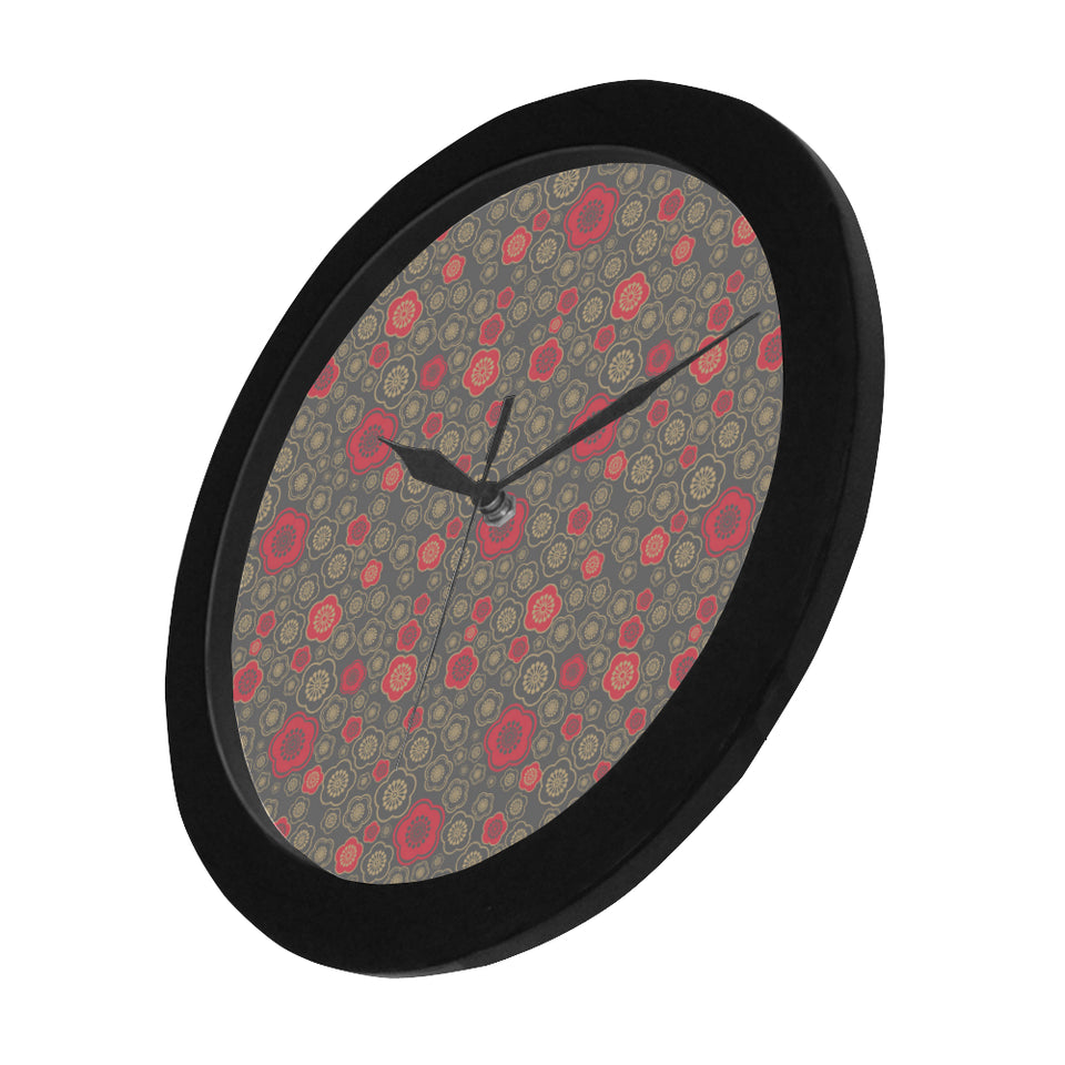 Red gold Sakura cherry blossom gray background Elegant Black Wall Clock