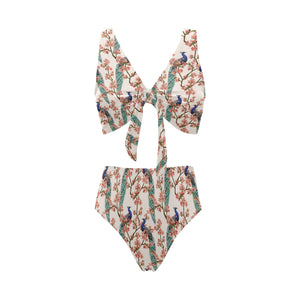 Peacock tropical flower pattern Chest Bowknot High Waisted Bikini Swimsuit
