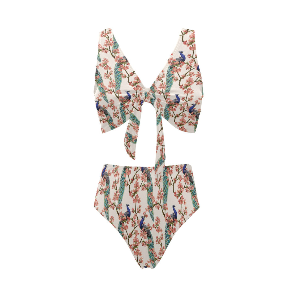 Peacock tropical flower pattern Chest Bowknot High Waisted Bikini Swimsuit