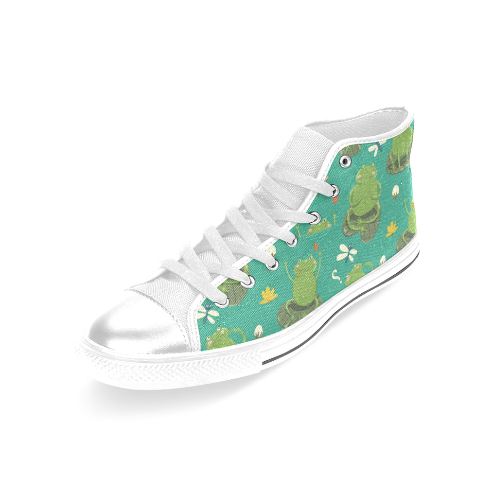 Cute frog dragonfly design pattern Women's High Top Canvas Shoes White