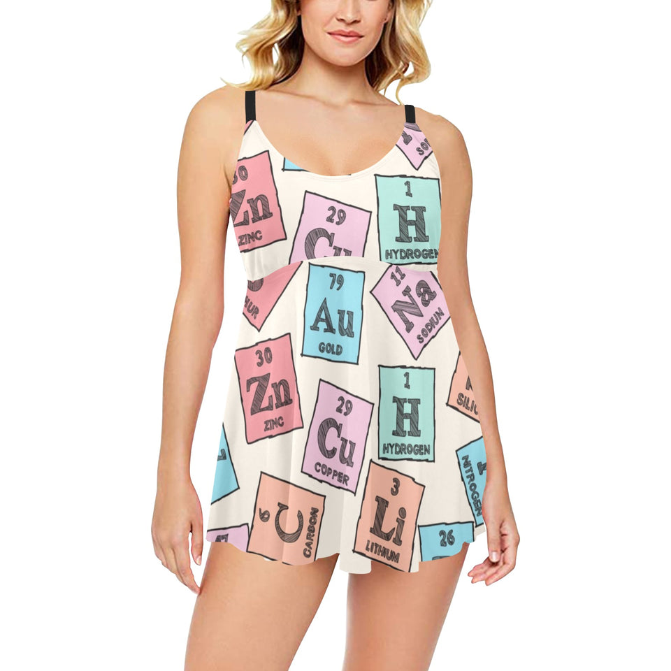 Chemistry Periodic Table Pattern Print Design 02 Chest Sexy Pleated Two Piece Swim Dress