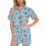 Beagle dog blue background pattern Women's V-Neck Short Pajama Set