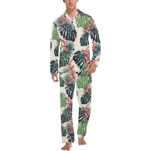 heliconia flowers, palm and monstera leaves Men's Long Pajama Set