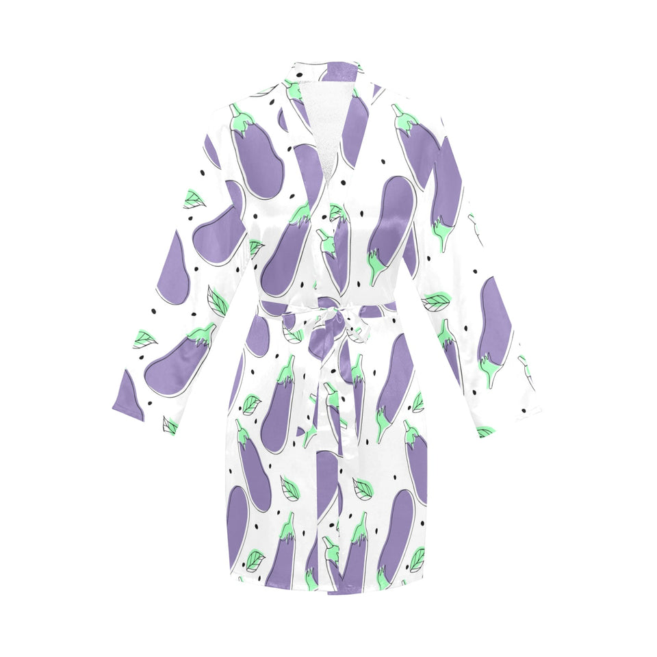 Eggplant Pattern Print Design 05 Women's Long Sleeve Belted Night Robe