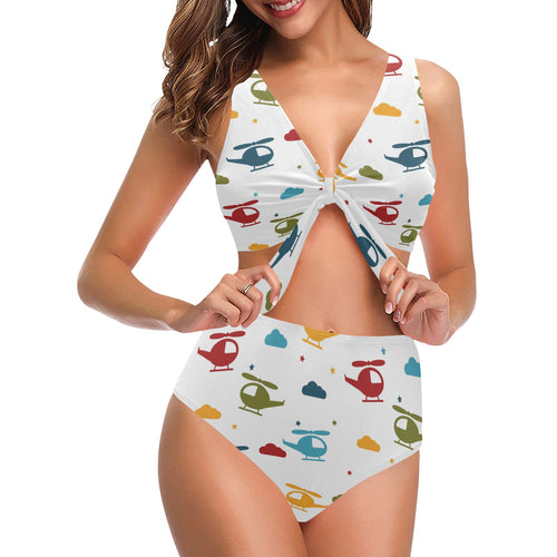 Colorful helicopter pattern Chest Bowknot High Waisted Bikini Swimsuit