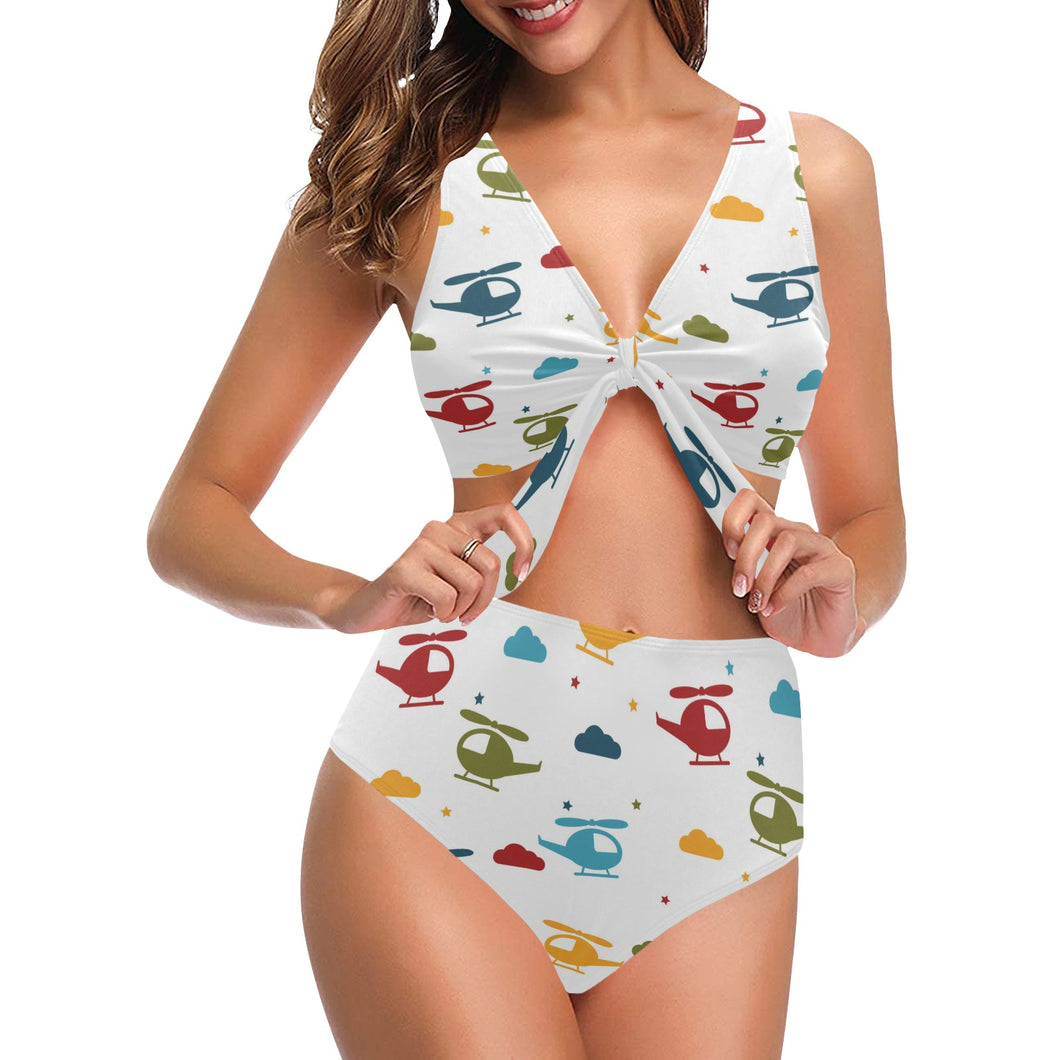 Colorful helicopter pattern Chest Bowknot High Waisted Bikini Swimsuit