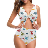Colorful helicopter pattern Chest Bowknot High Waisted Bikini Swimsuit