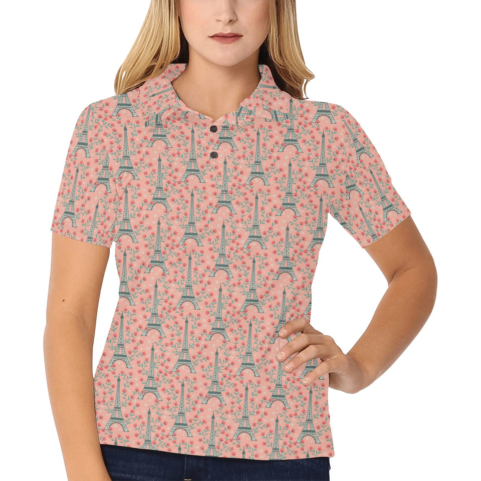 Eiffel Tower Flower Pattern Design 03 Women's All Over Print Polo Shirt