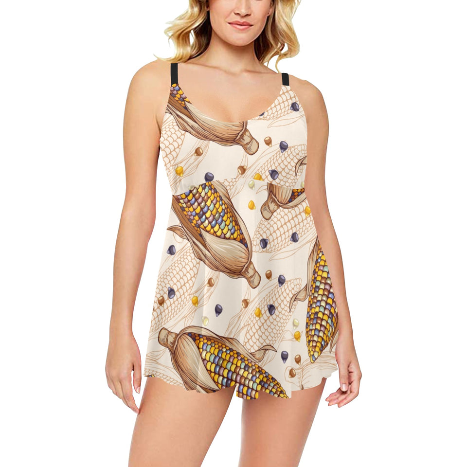 Corn Pattern Print Design 03 Chest Sexy Pleated Two Piece Swim Dress