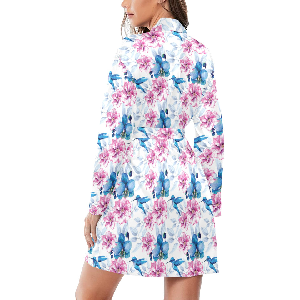 Hummingbird Pattern Print Design 02 Women's Long Sleeve Belted Night Robe