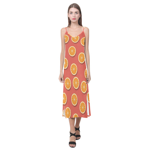 Oranges pattern red background V-Neck Open Fork Long Dress