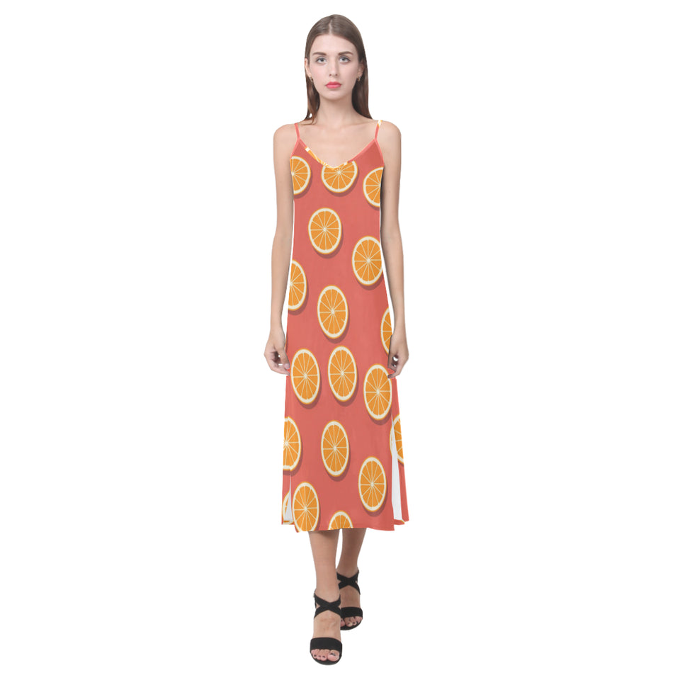 Oranges pattern red background V-Neck Open Fork Long Dress
