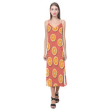 Oranges pattern red background V-Neck Open Fork Long Dress