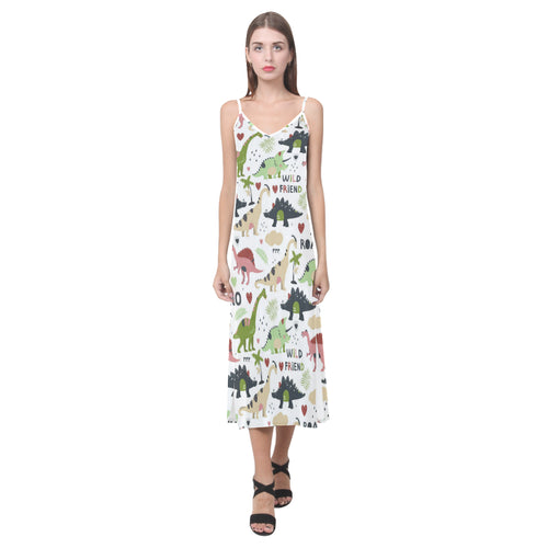Cute dinosaurs pattern V-Neck Open Fork Long Dress