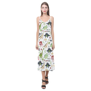 Cute dinosaurs pattern V-Neck Open Fork Long Dress