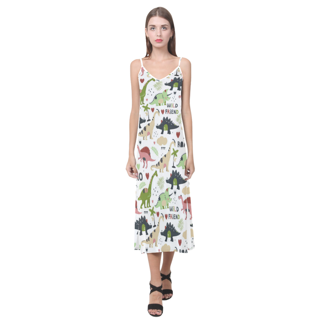 Cute dinosaurs pattern V-Neck Open Fork Long Dress