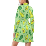 Avocado pattern green background Women's Long Sleeve Belted Night Robe