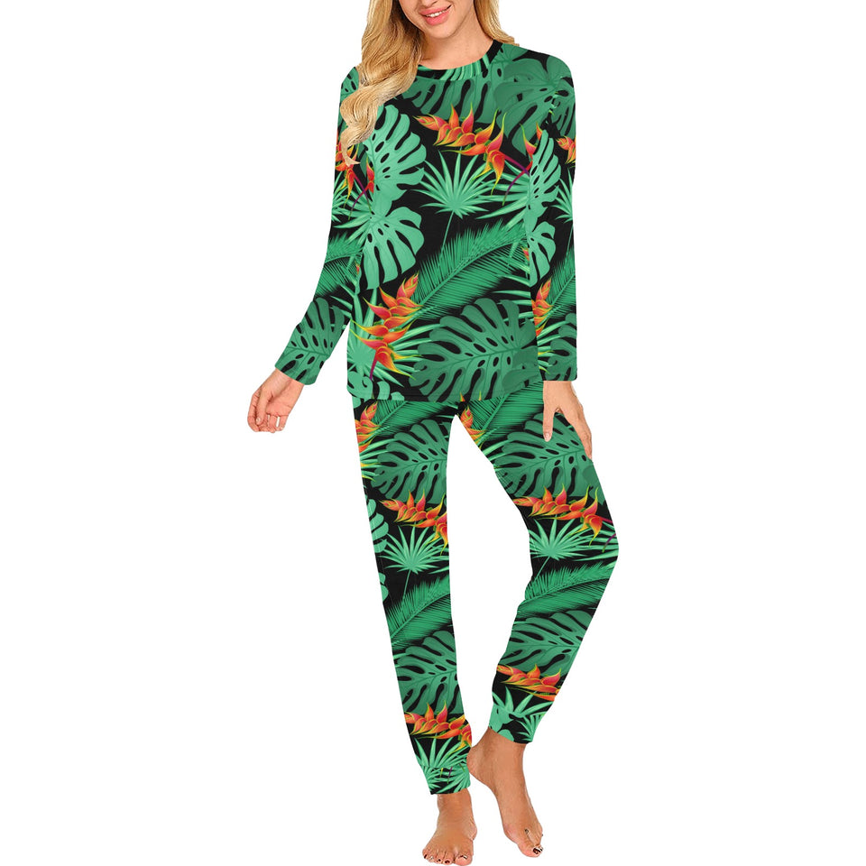 heliconia flower palm monstera leaves black backgr Women's All Over Print Pajama Set
