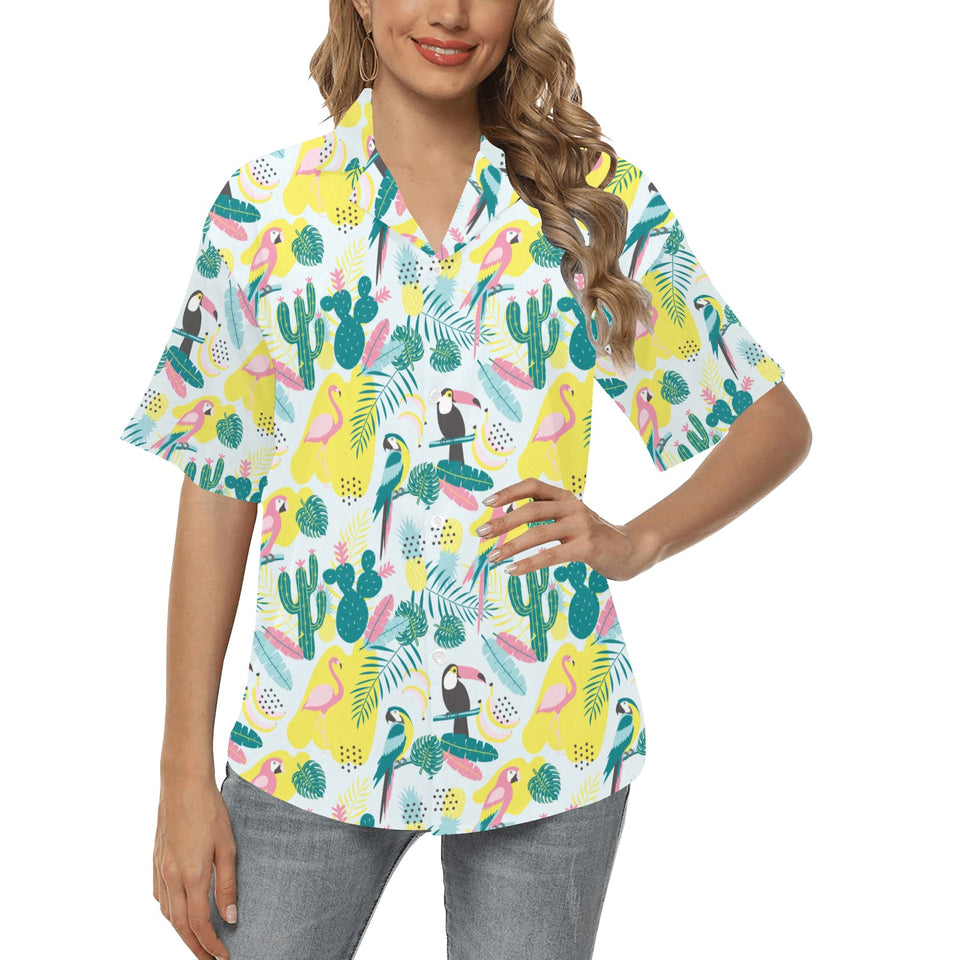 Cute parrot toucan flamingo cactus exotic leaves p Women's All Over Print Hawaiian Shirt