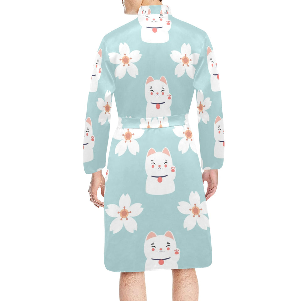Maneki neko cat sakura Men's Long Sleeve Belted Night Robe