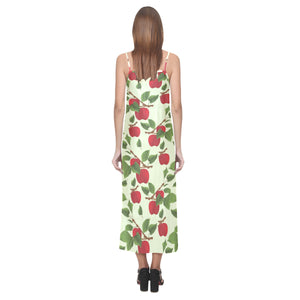 Red apples leaves pattern V-Neck Open Fork Long Dress