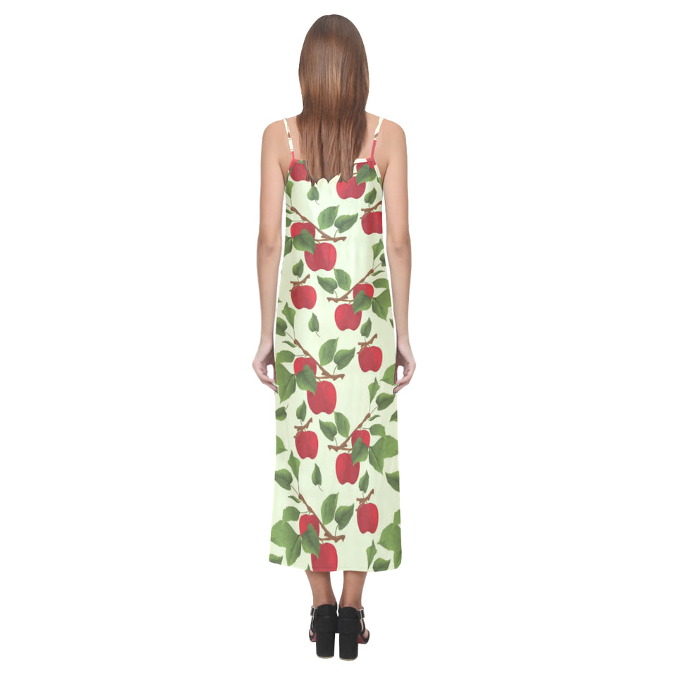 Red apples leaves pattern V-Neck Open Fork Long Dress