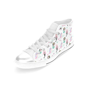 cute mermaid dolphin fish starfish pattern Women's High Top Canvas Shoes White