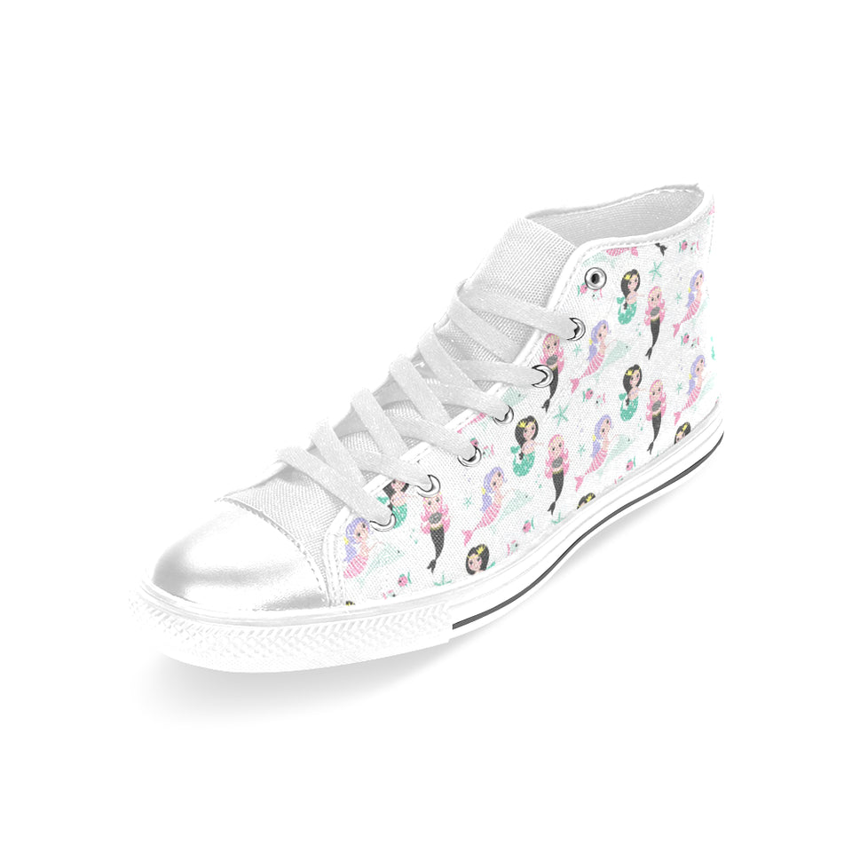 cute mermaid dolphin fish starfish pattern Women's High Top Canvas Shoes White