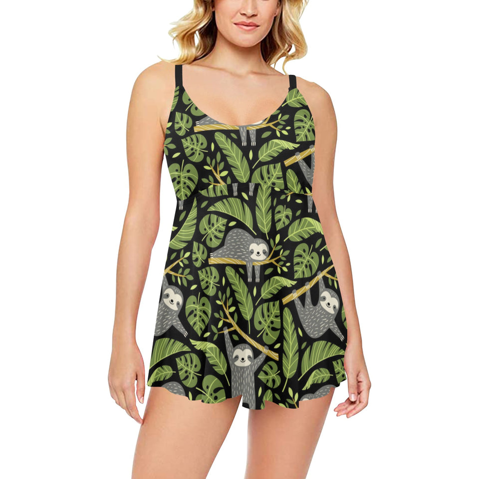 Cute sloths tropical palm leaves black background Chest Sexy Pleated Two Piece Swim Dress