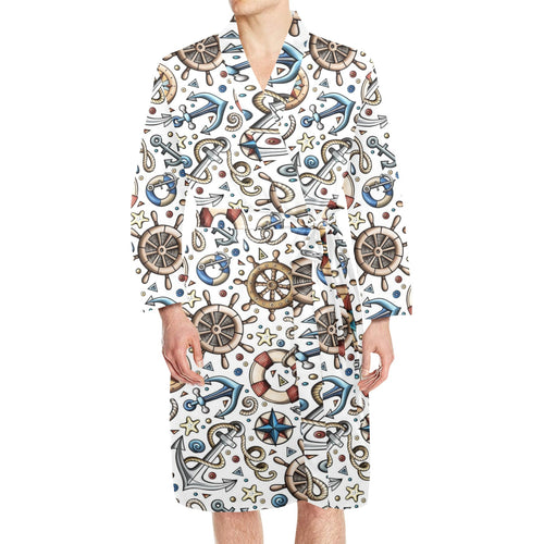 Cute nautical steering wheel anchor pattern Men's Long Sleeve Belted Night Robe