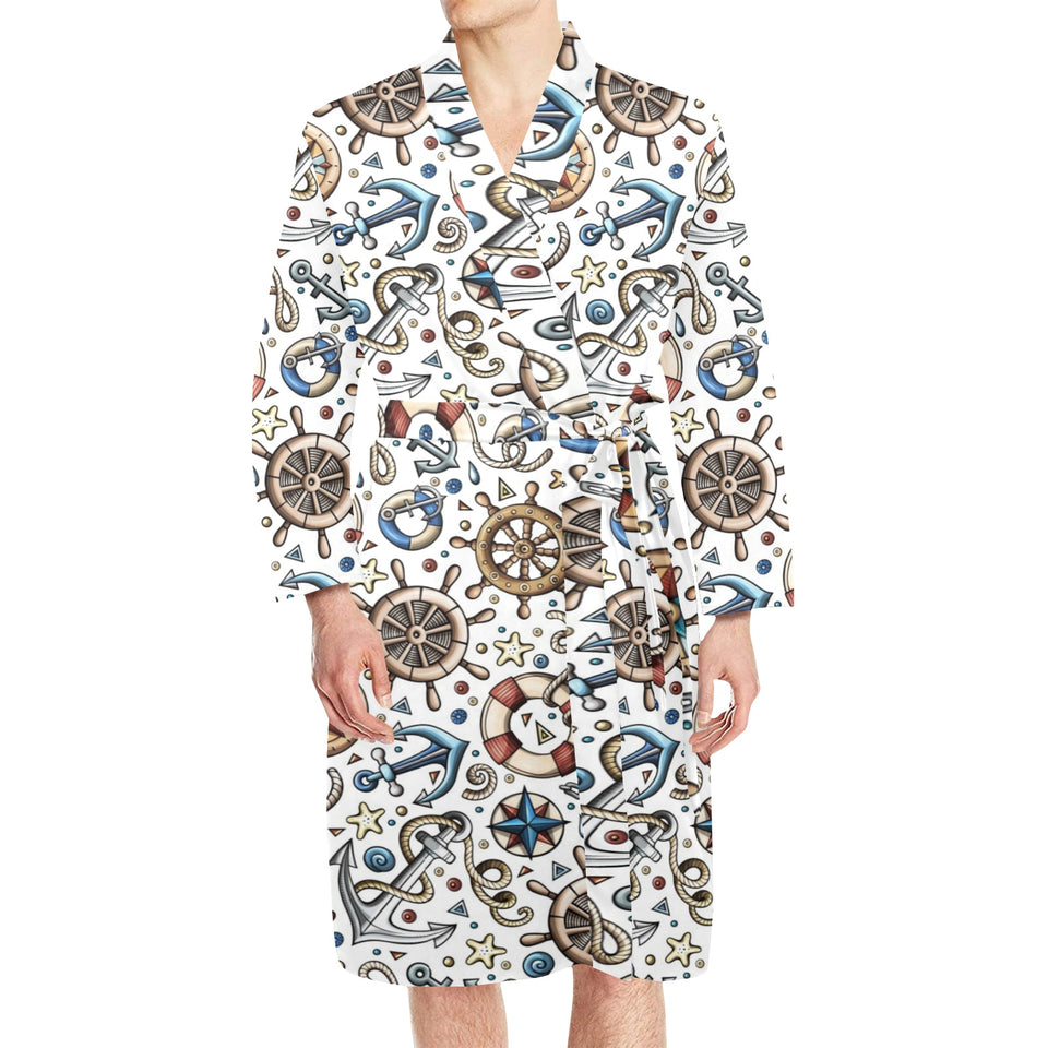 Cute nautical steering wheel anchor pattern Men's Long Sleeve Belted Night Robe