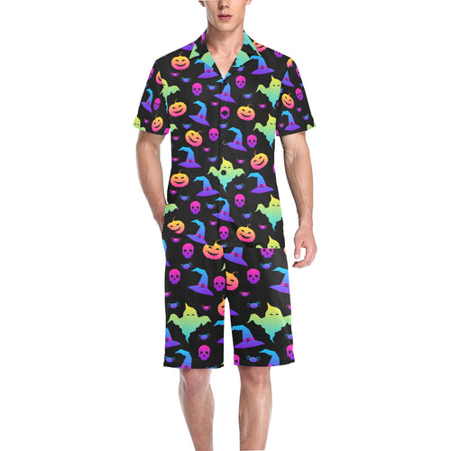 Colorful halloween background Men's V-Neck Short Pajama Set