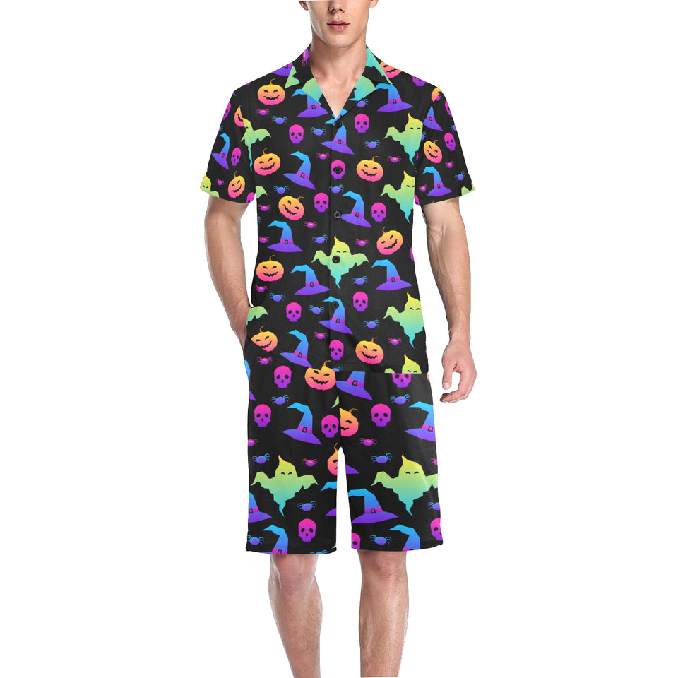 Colorful halloween background Men's V-Neck Short Pajama Set