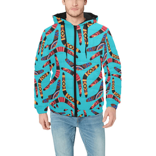 Boomerang Australian aboriginal ornament blue back Men's Padded Hooded Jacket