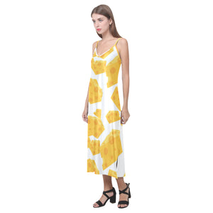 Cheese slice pattern V-Neck Open Fork Long Dress
