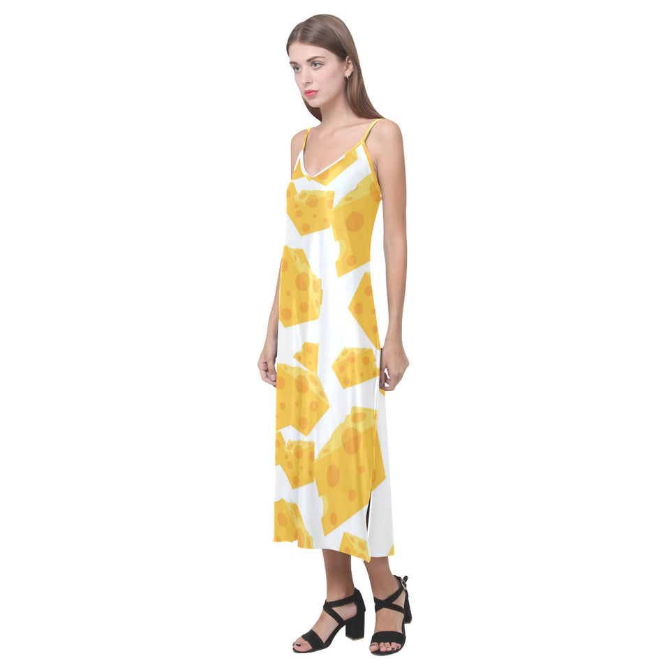 Cheese slice pattern V-Neck Open Fork Long Dress