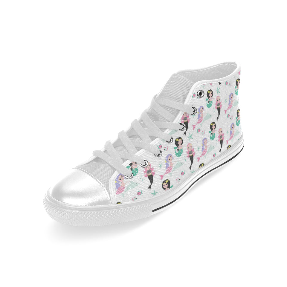 cute mermaid dolphin fish starfish pattern Men's High Top Canvas Shoes White