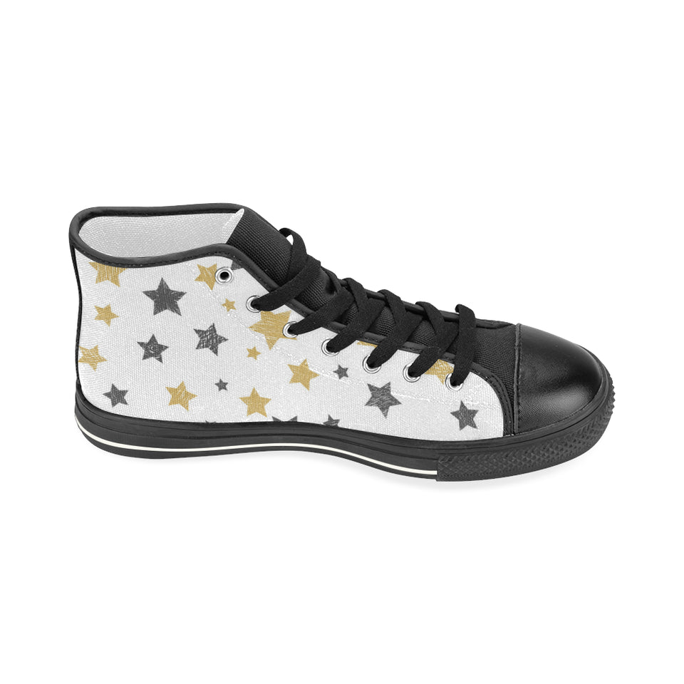 hand drawn gold black star pattern Women's High Top Canvas Shoes Black