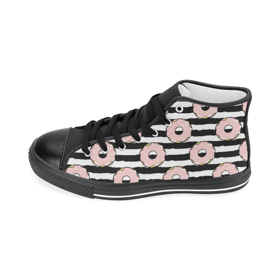 Donuts pink icing striped pattern Women's High Top Canvas Shoes Black