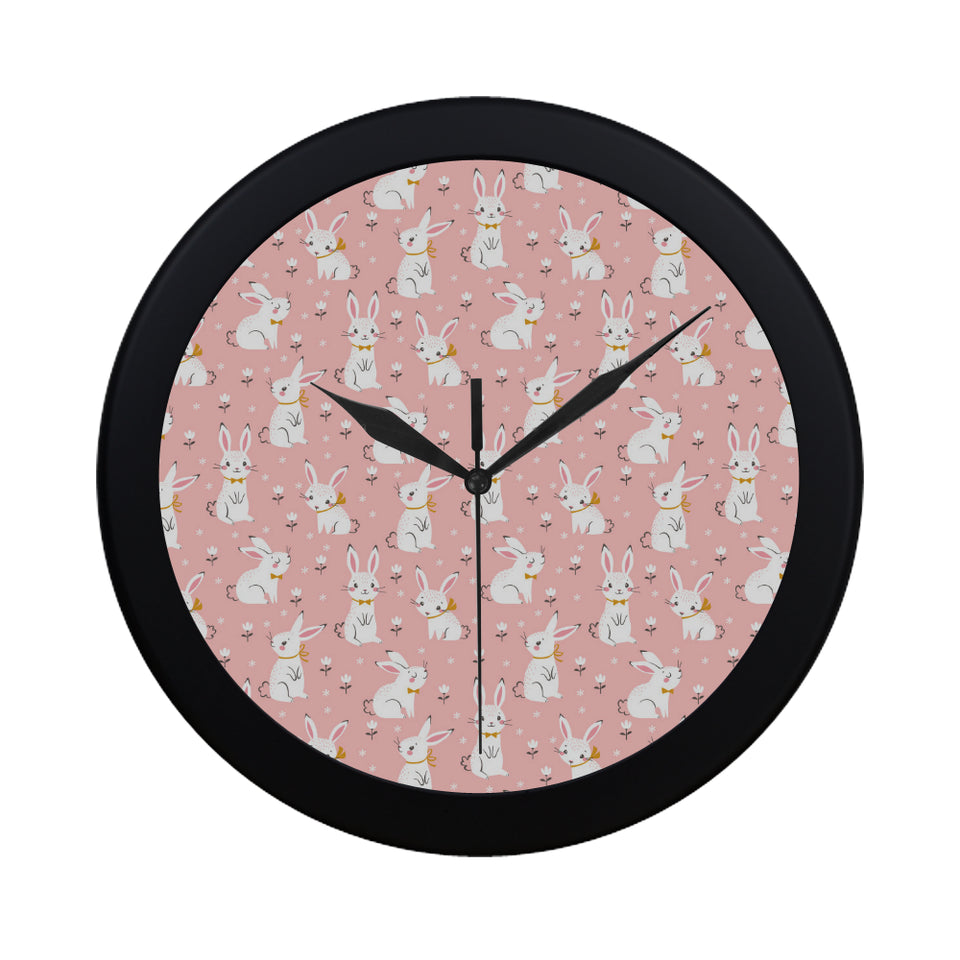 Cute white rabbit flower pink background Elegant Black Wall Clock